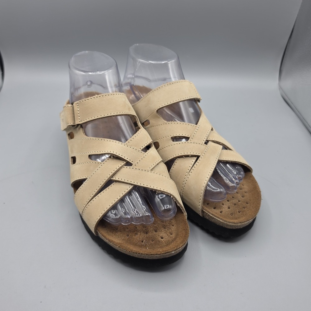 Spring Step Sandals Womens 40 Beige Leather Slides Cork Wedge Heel Adjustable